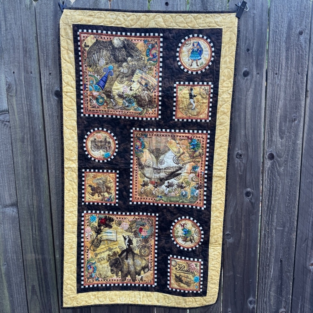 Vintage Steampunk Quilted Wall Hanging Brown Gold Victorian Whimsical Decor
